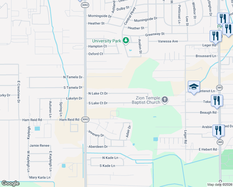 map of restaurants, bars, coffee shops, grocery stores, and more near 520 North Lake Court Drive in Lake Charles