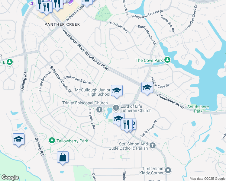 map of restaurants, bars, coffee shops, grocery stores, and more near 3800 South Panther Creek Drive in The Woodlands
