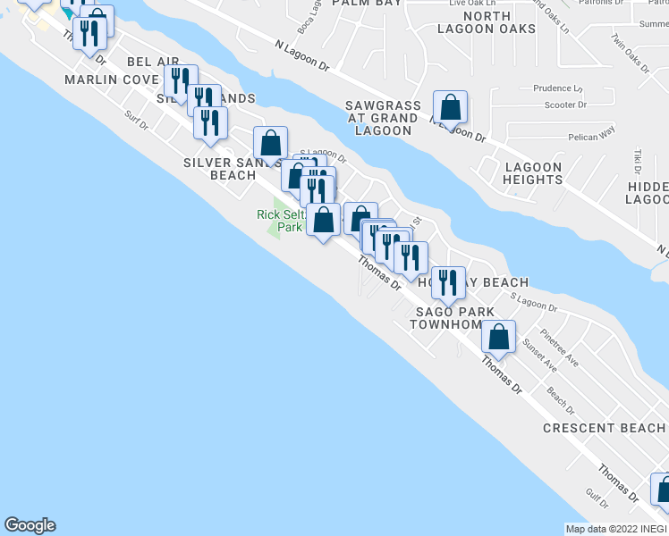 map of restaurants, bars, coffee shops, grocery stores, and more near Thomas Drive in Panama City