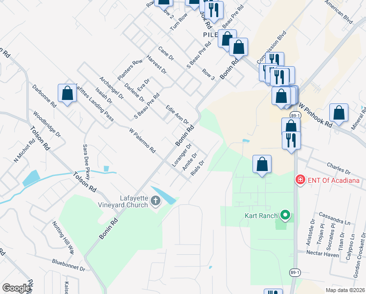 map of restaurants, bars, coffee shops, grocery stores, and more near 503 Bonin Road in Lafayette