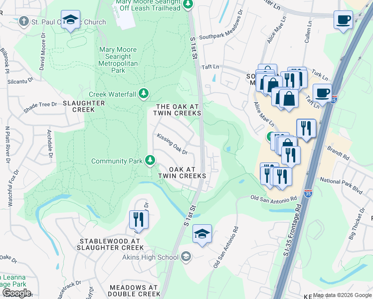 map of restaurants, bars, coffee shops, grocery stores, and more near 216 Kissing Oak Drive in Austin