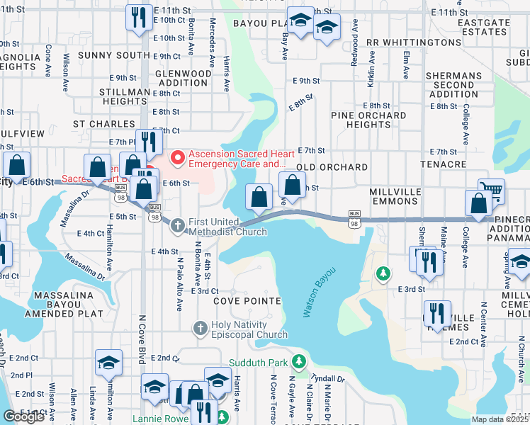map of restaurants, bars, coffee shops, grocery stores, and more near 1201 East 5th Street in Panama City