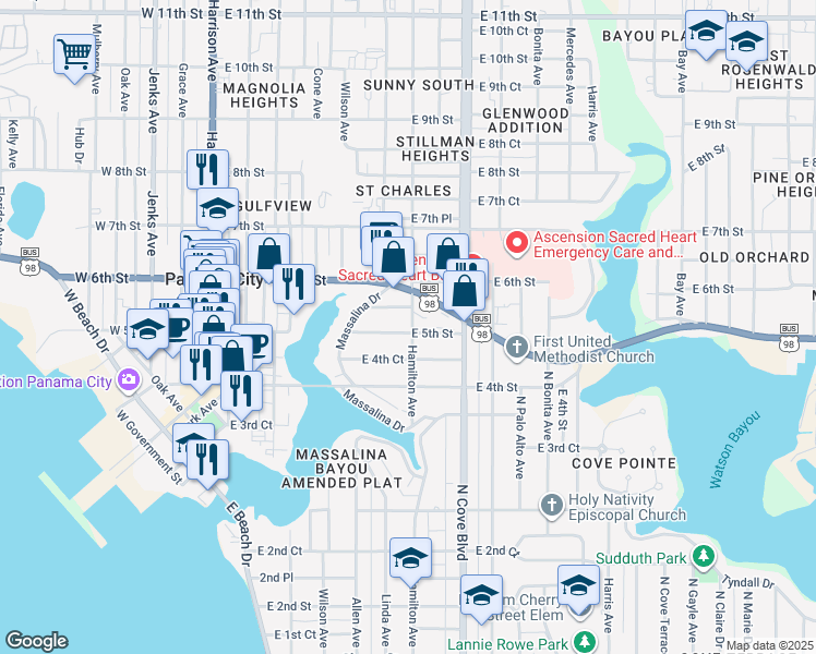 map of restaurants, bars, coffee shops, grocery stores, and more near 530 East 5th Court in Panama City