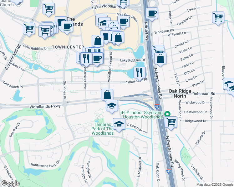 map of restaurants, bars, coffee shops, grocery stores, and more near 1400 Woodloch Forest Drive in The Woodlands