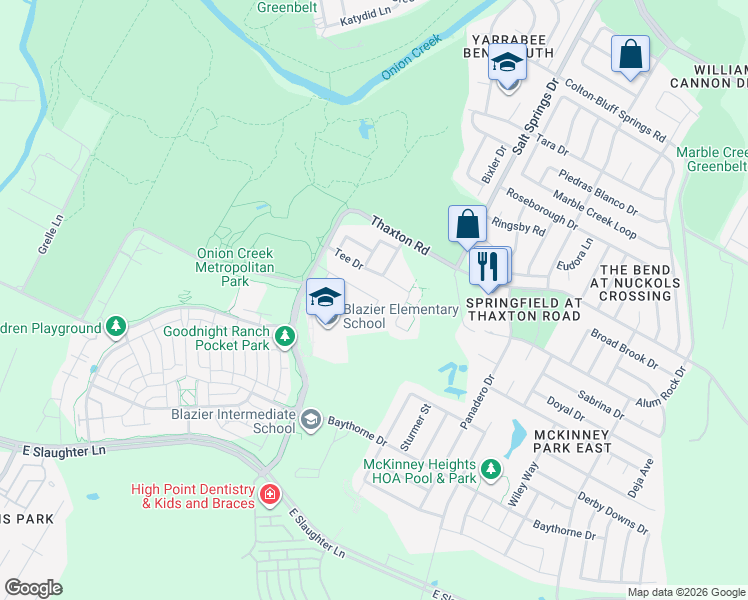map of restaurants, bars, coffee shops, grocery stores, and more near 8013 Tee Drive in Austin