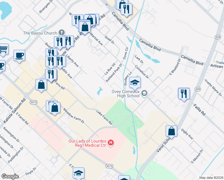 map of restaurants, bars, coffee shops, grocery stores, and more near 118 Tonbridge Drive in Lafayette