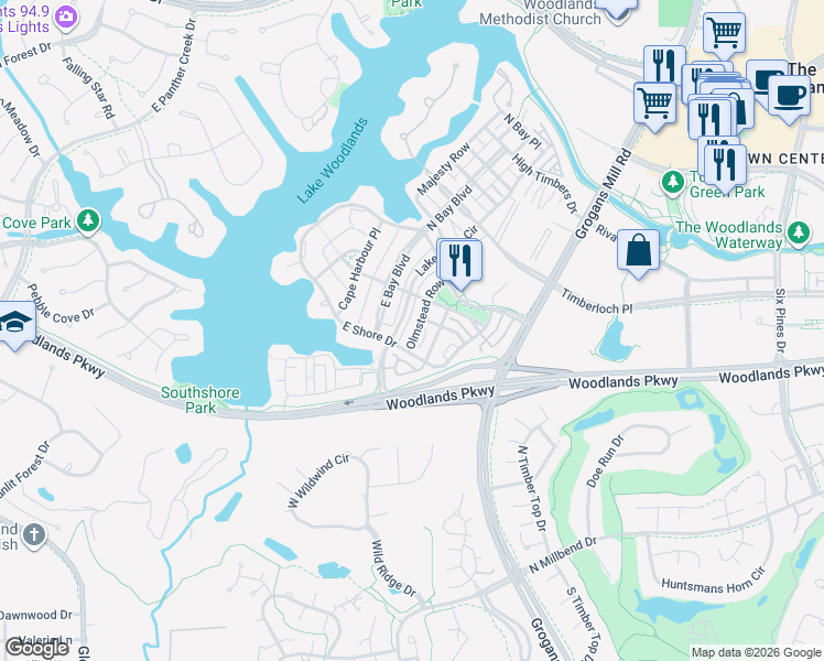 map of restaurants, bars, coffee shops, grocery stores, and more near 27 Olmstead Row in Spring