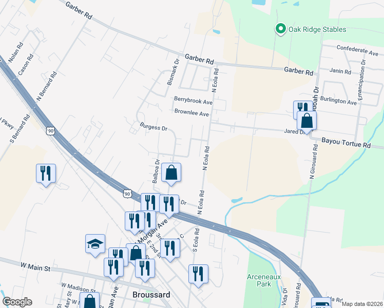 map of restaurants, bars, coffee shops, grocery stores, and more near 212 Colchester Drive in Broussard
