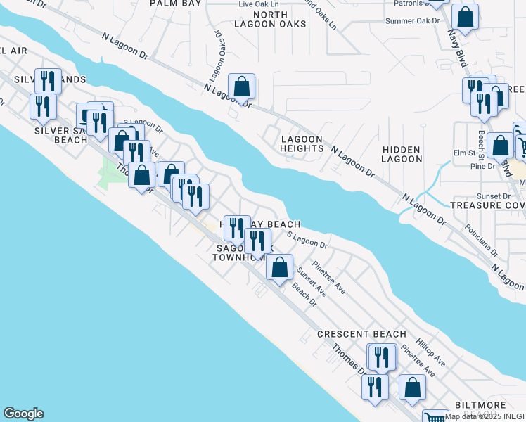 map of restaurants, bars, coffee shops, grocery stores, and more near 6805 South Lagoon Drive in Panama City Beach