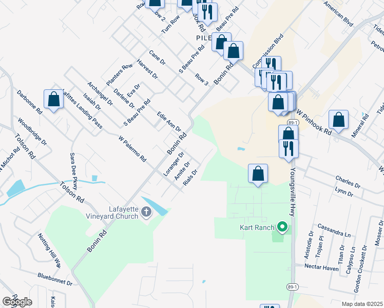 map of restaurants, bars, coffee shops, grocery stores, and more near 203 Al Pearson Drive in Lafayette