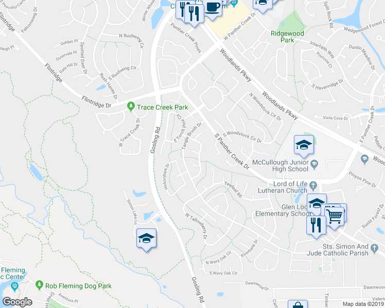 map of restaurants, bars, coffee shops, grocery stores, and more near 5 Goldthread Court in Spring