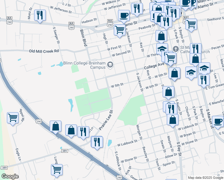 map of restaurants, bars, coffee shops, grocery stores, and more near 911 West 5th Street in Brenham