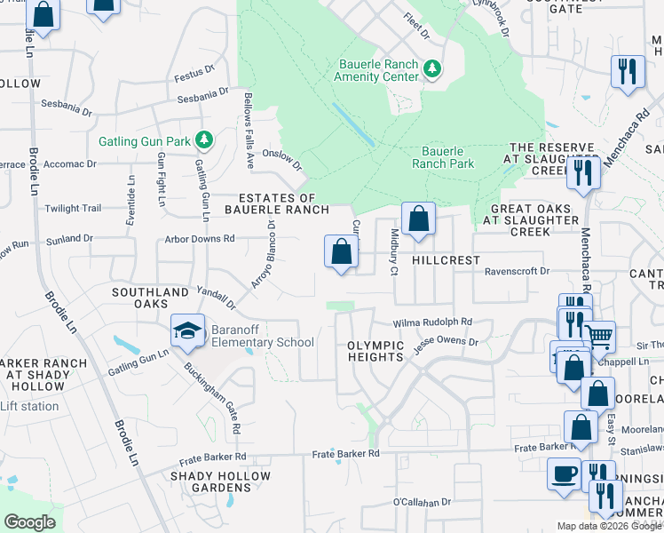 map of restaurants, bars, coffee shops, grocery stores, and more near 11305 Crest Meadow Lane in Austin