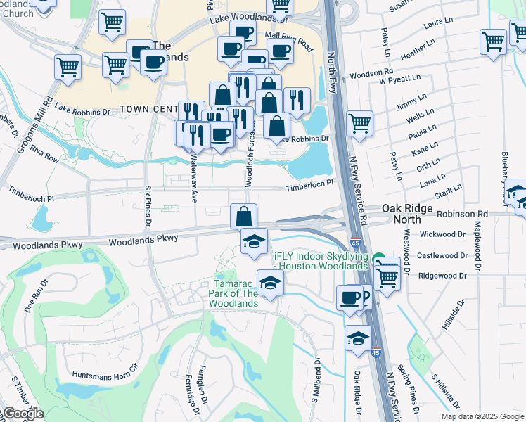 map of restaurants, bars, coffee shops, grocery stores, and more near 1400 Woodloch Forest Drive in The Woodlands