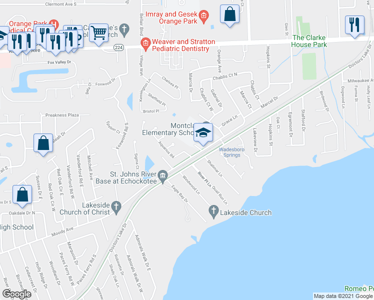 map of restaurants, bars, coffee shops, grocery stores, and more near 2411 Aquarius Road in Orange Park
