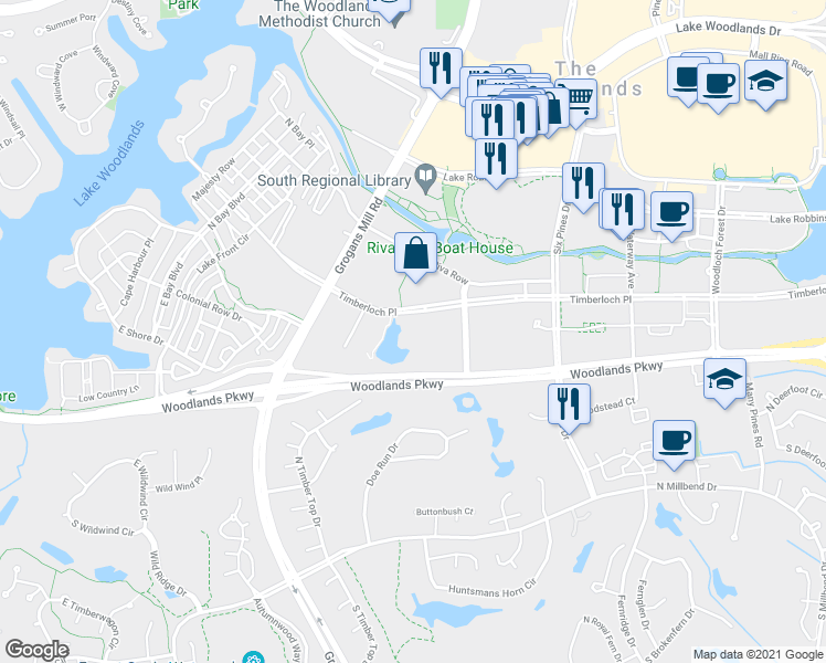 map of restaurants, bars, coffee shops, grocery stores, and more near 2001 Timberloch Place in Spring