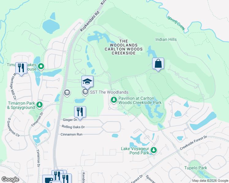 map of restaurants, bars, coffee shops, grocery stores, and more near 35 South Fazio Way in Spring