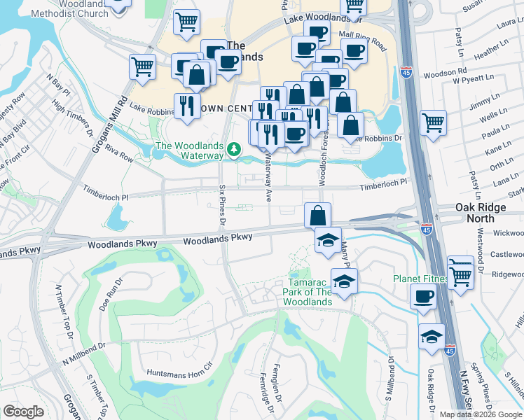 map of restaurants, bars, coffee shops, grocery stores, and more near 1 Waterway Avenue in Spring