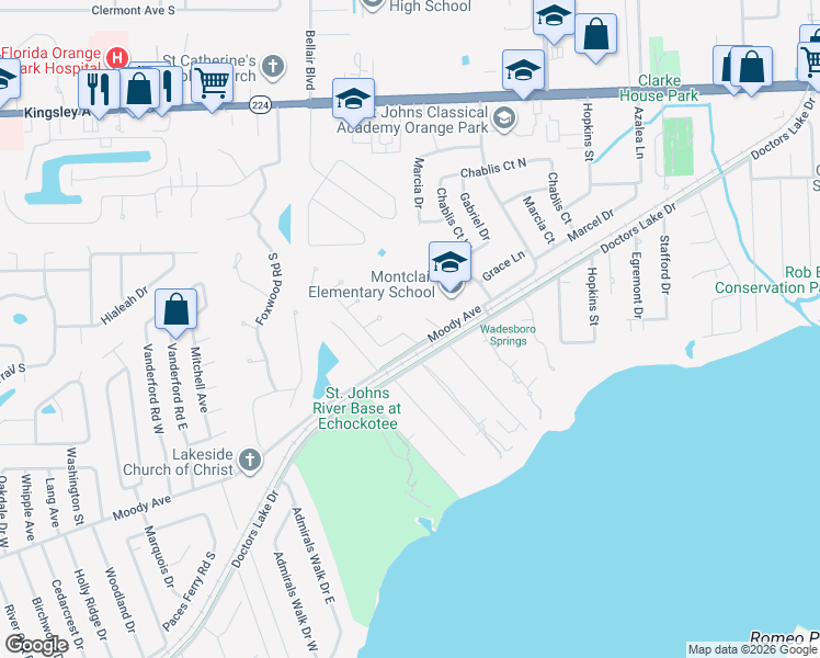 map of restaurants, bars, coffee shops, grocery stores, and more near 2411 Aquarius Road in Orange Park