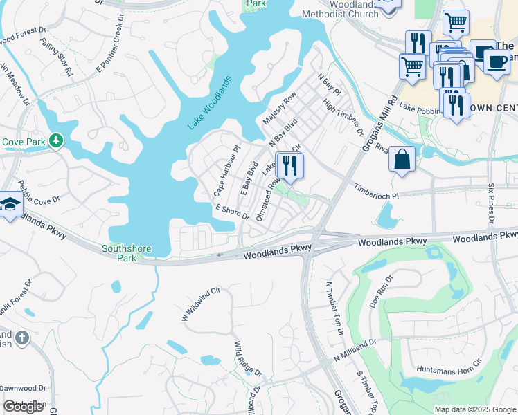 map of restaurants, bars, coffee shops, grocery stores, and more near 27 Olmstead Row in Spring