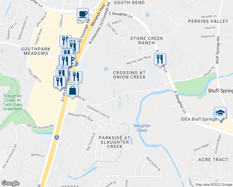 map of restaurants, bars, coffee shops, grocery stores, and more near 1817 Melissa Oaks Lane in Austin