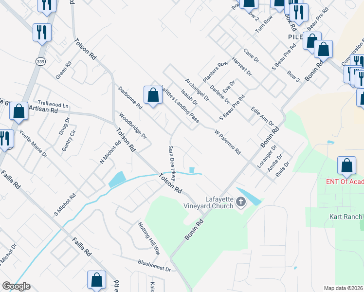 map of restaurants, bars, coffee shops, grocery stores, and more near 107 Shady Park Drive in Lafayette