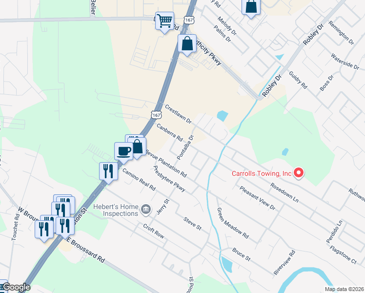 map of restaurants, bars, coffee shops, grocery stores, and more near 207 Pontalba Drive in Lafayette