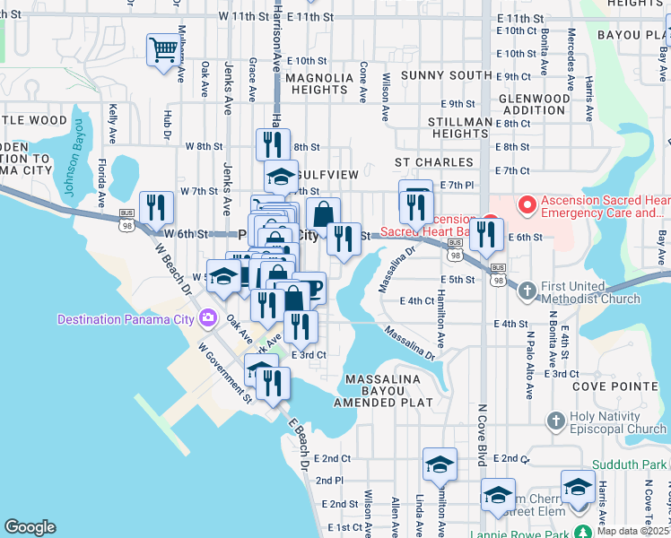 map of restaurants, bars, coffee shops, grocery stores, and more near 523 Harmon Avenue in Panama City