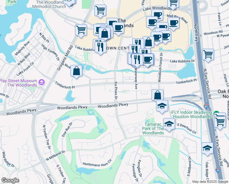 map of restaurants, bars, coffee shops, grocery stores, and more near 10200 Six Pines Drive in The Woodlands