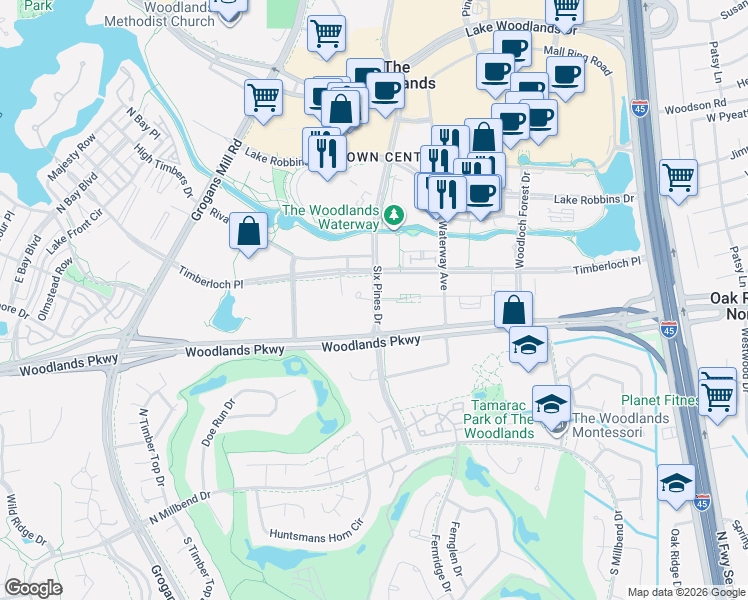 map of restaurants, bars, coffee shops, grocery stores, and more near 10006 Six Pines Drive in The Woodlands