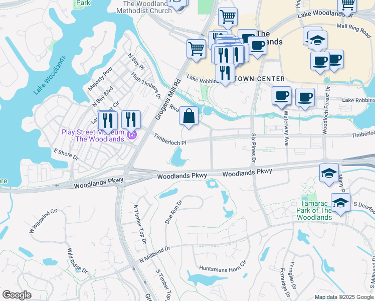 map of restaurants, bars, coffee shops, grocery stores, and more near 2001 Timberloch Place in Spring