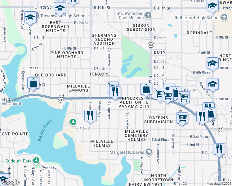 map of restaurants, bars, coffee shops, grocery stores, and more near 510 College Avenue in Panama City