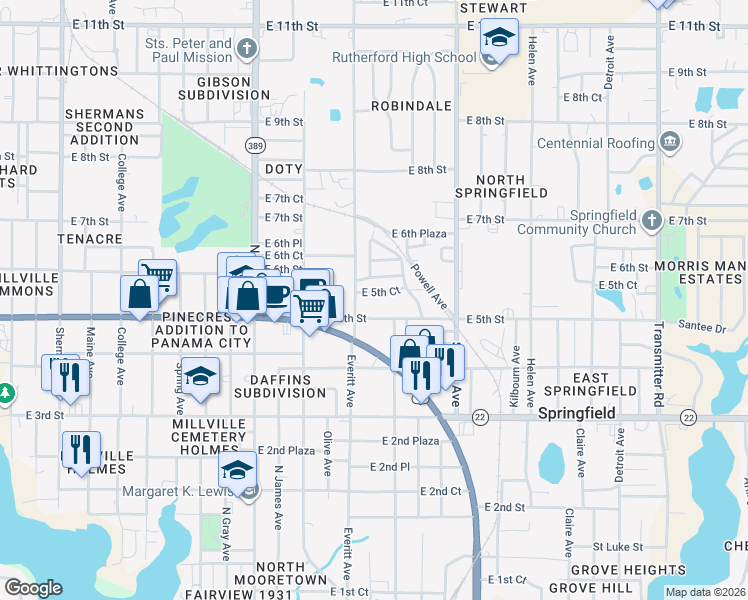 map of restaurants, bars, coffee shops, grocery stores, and more near 3108 East 5th Court in Panama City
