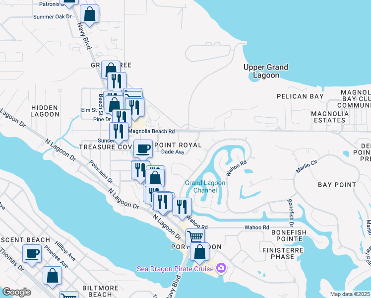 map of restaurants, bars, coffee shops, grocery stores, and more near 6702 Broward Street in Panama City Beach