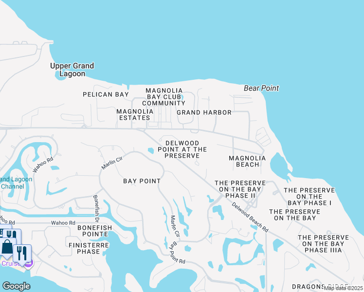map of restaurants, bars, coffee shops, grocery stores, and more near 4627 Delwood Park Boulevard in Panama City Beach