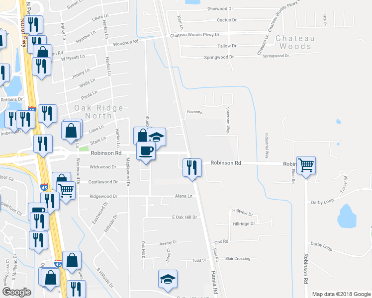 map of restaurants, bars, coffee shops, grocery stores, and more near 27041 Hanna Road in Conroe