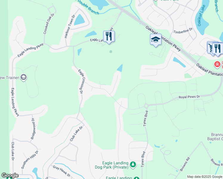 map of restaurants, bars, coffee shops, grocery stores, and more near 1484 Shadow Creek Drive in Orange Park