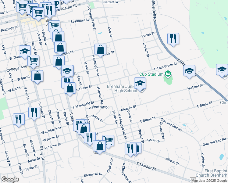 map of restaurants, bars, coffee shops, grocery stores, and more near 1503 South Chappell Hill Street in Brenham