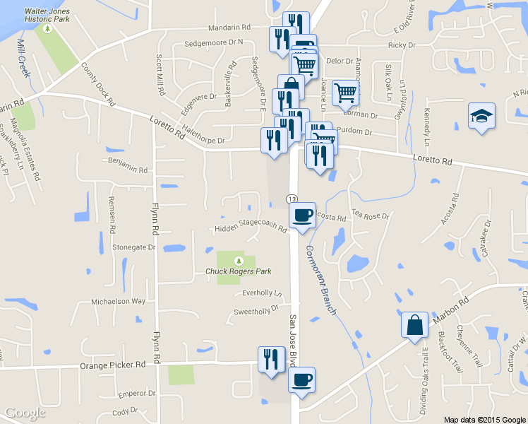 map of restaurants, bars, coffee shops, grocery stores, and more near 11797 Paddock Gates Drive in Jacksonville