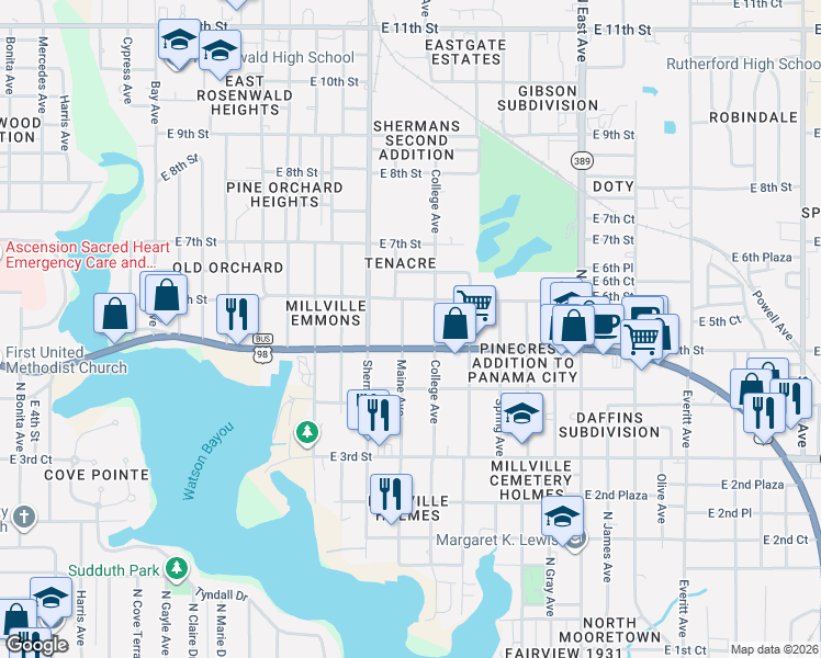 map of restaurants, bars, coffee shops, grocery stores, and more near 508 Maine Avenue in Panama City
