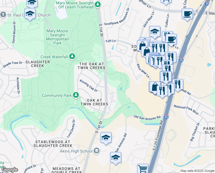 map of restaurants, bars, coffee shops, grocery stores, and more near 10101 South 1st Street in Austin