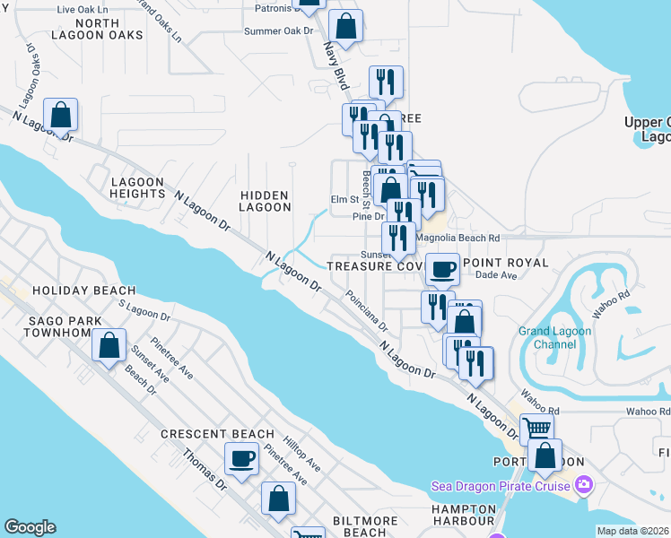 map of restaurants, bars, coffee shops, grocery stores, and more near 2601 Oak Street in Panama City Beach