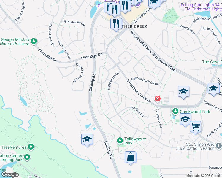 map of restaurants, bars, coffee shops, grocery stores, and more near 9 Goldthread Court in Spring