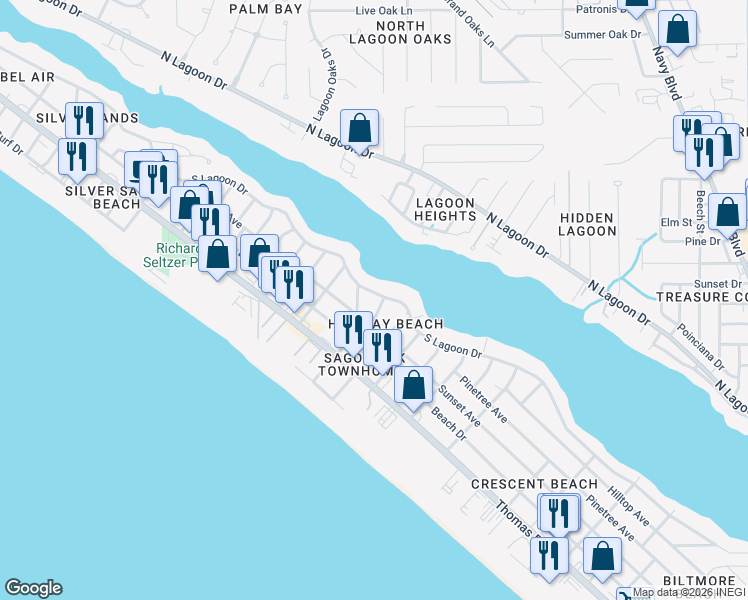 map of restaurants, bars, coffee shops, grocery stores, and more near 6805 South Lagoon Drive in Panama City Beach