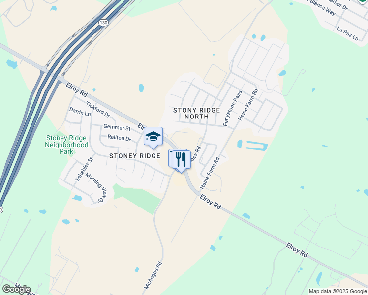 map of restaurants, bars, coffee shops, grocery stores, and more near 6817 Elroy Road in Austin