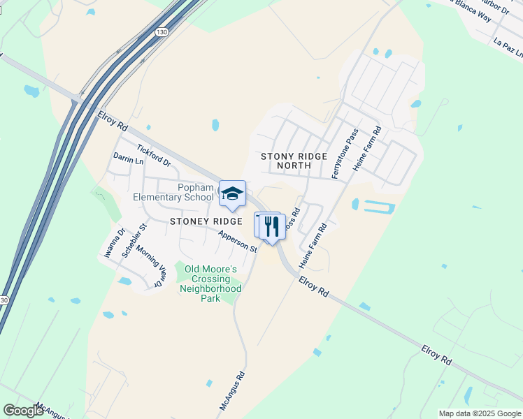 map of restaurants, bars, coffee shops, grocery stores, and more near 6984-7010 Elroy Road in Austin