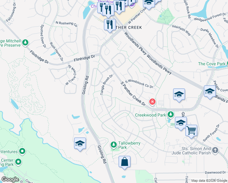 map of restaurants, bars, coffee shops, grocery stores, and more near 28 South Cypress Pine Drive in Spring
