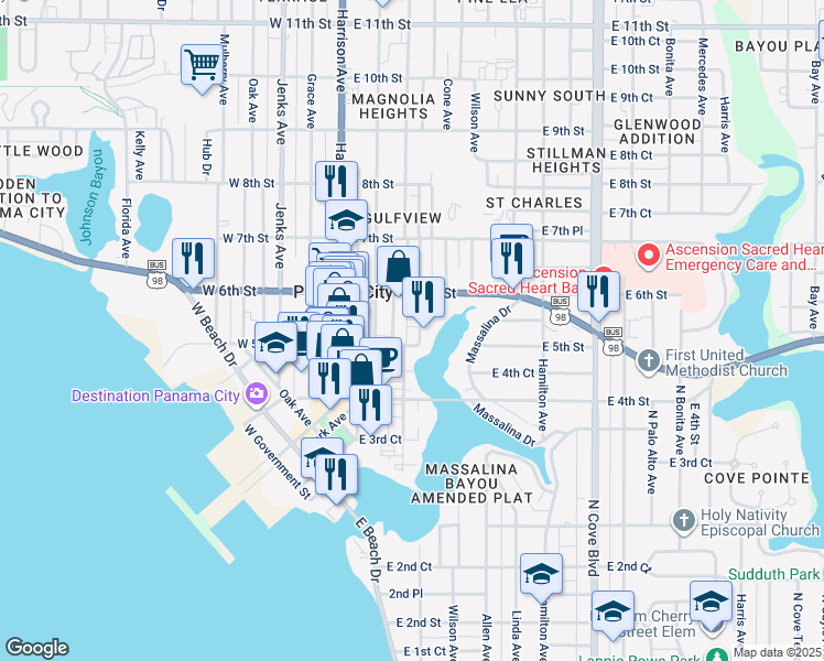 map of restaurants, bars, coffee shops, grocery stores, and more near 523 Harmon Avenue in Panama City