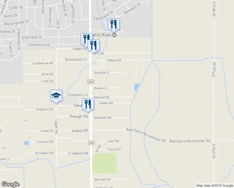 map of restaurants, bars, coffee shops, grocery stores, and more near 817 Manuel Road in Lake Charles