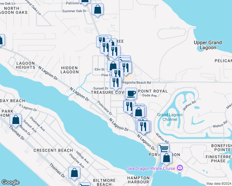 map of restaurants, bars, coffee shops, grocery stores, and more near 6210 East Azalea Avenue in Panama City